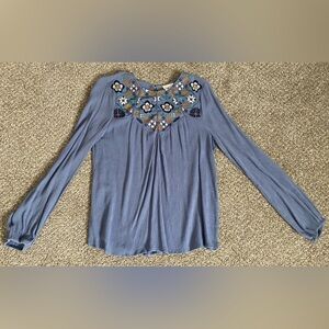 Boho Embroidered Peasant Top Small Blue Long Sleeve Harper Heritage Keyhole Back